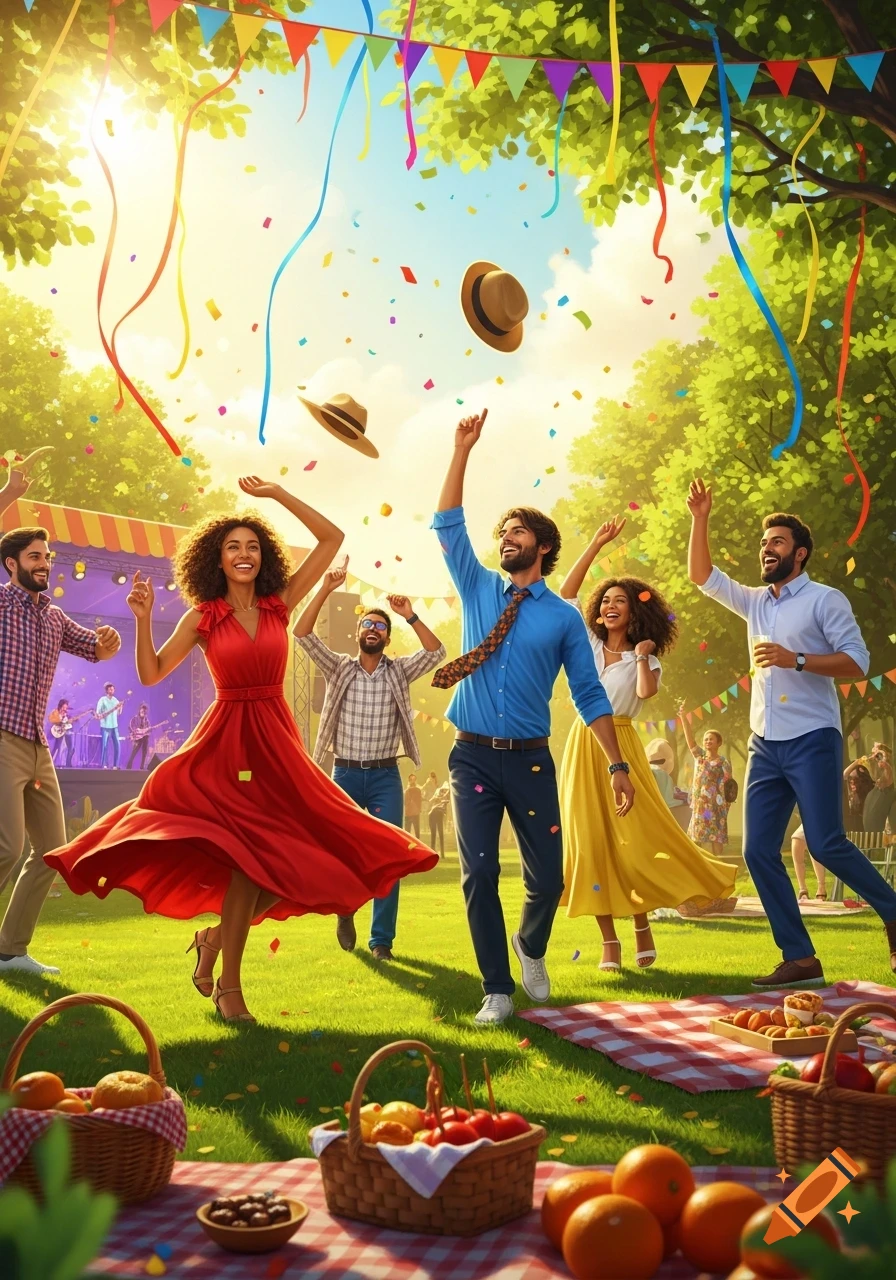 A diverse group of friends joyfully dances at a sunny outdoor festival with colorful streamers, confetti, and picnic food.