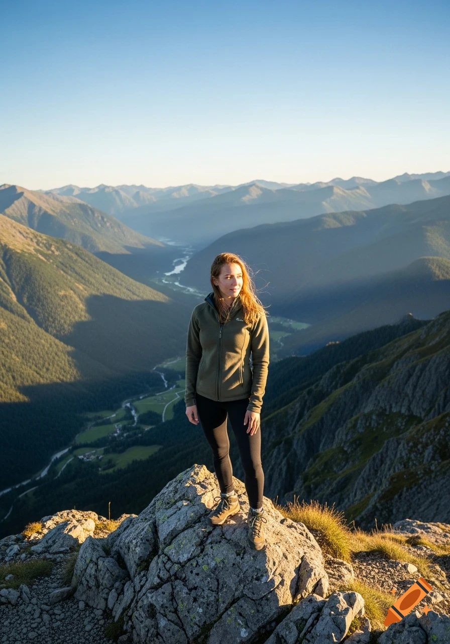 A young woman in a green fleece jacket and black pants stands on a rocky mountain peak overlooking a vast, lush valley at sunset.