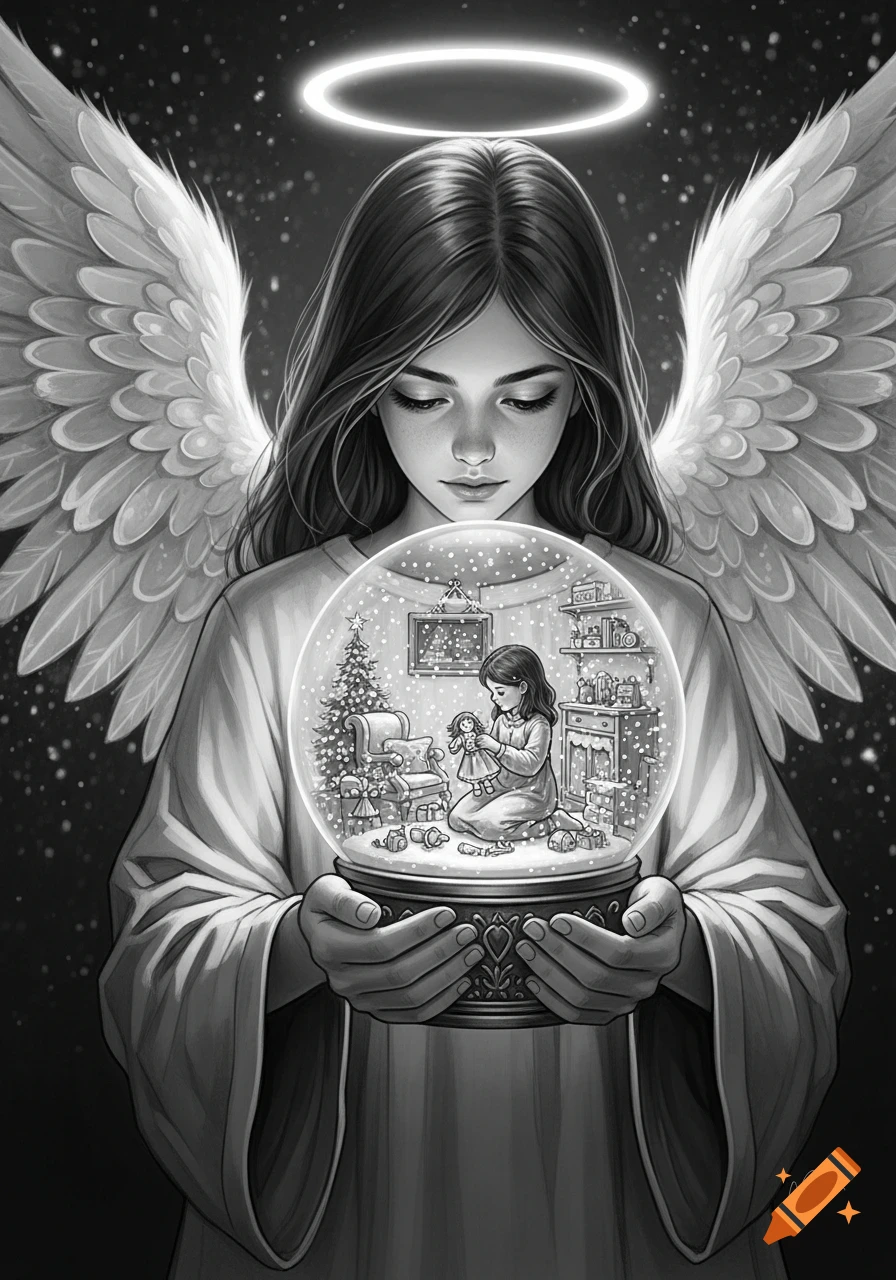 Black and white illustration of an angel with large wings holding a snow globe containing a small girl playing with a doll next to a Christmas tree.