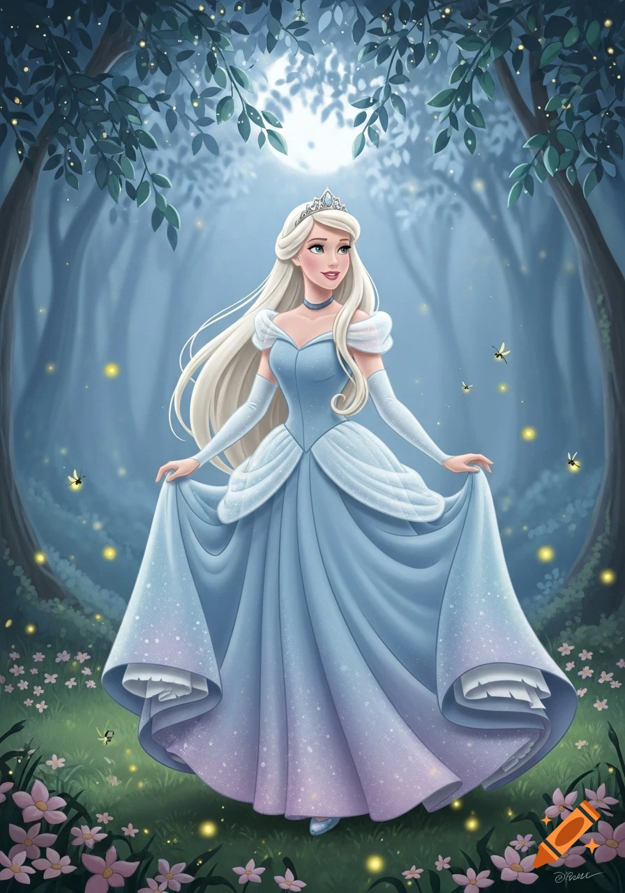 A blonde princess in a blue gown stands in a magical forest with fireflies, under a glowing moon, in an illustration style.