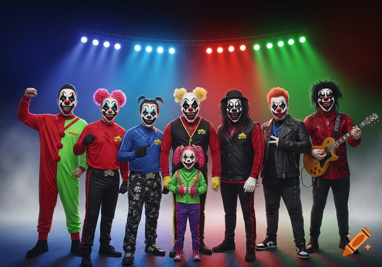 A group of seven adults and one child dressed as horror clowns, some with instruments, stand on a stage under colorful spotlights.