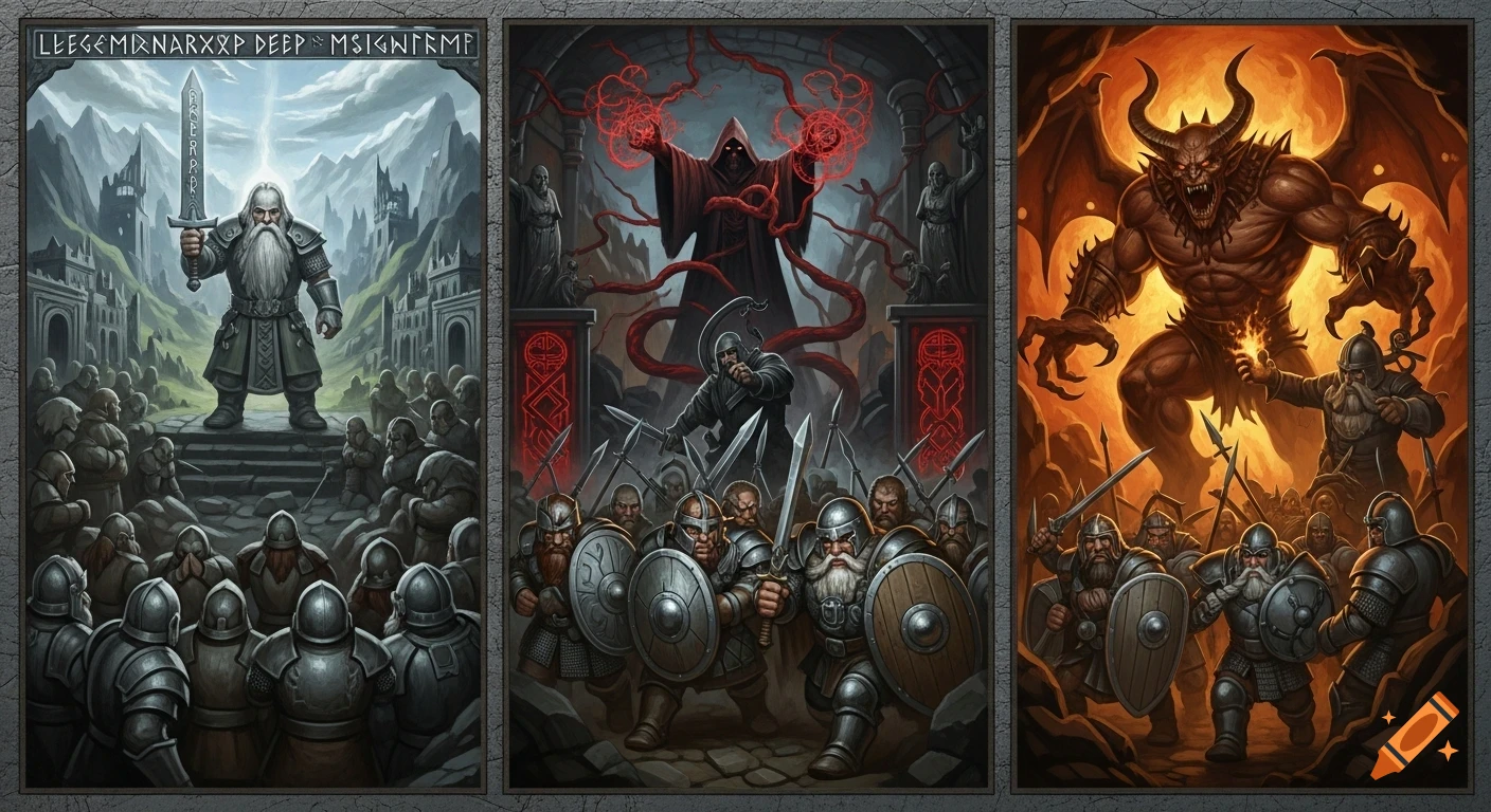 A triptych-style dwarven mural showing a hero, a warlock summoning a demon, and dwarves fighting the demon.