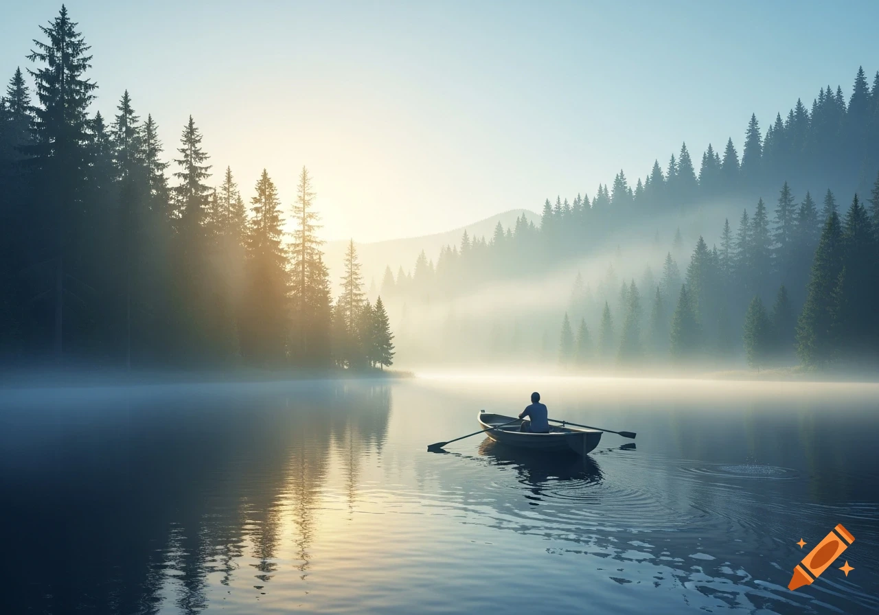 A person rows a small boat on a misty lake at sunrise, surrounded by a dense forest.