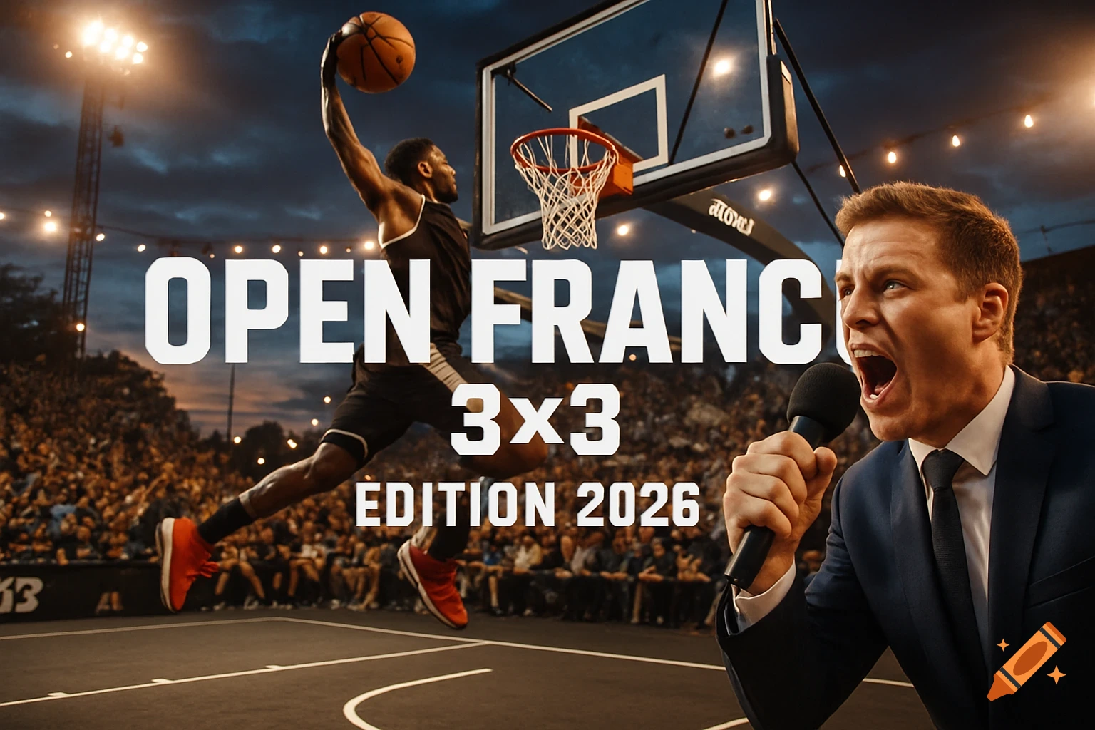 Dynamic image of a basketball player dunking in an outdoor 3x3 event at night, with a screaming commentator and a crowd, featuring text 'OPEN FRANCE 3x3 EDITION 2026'.