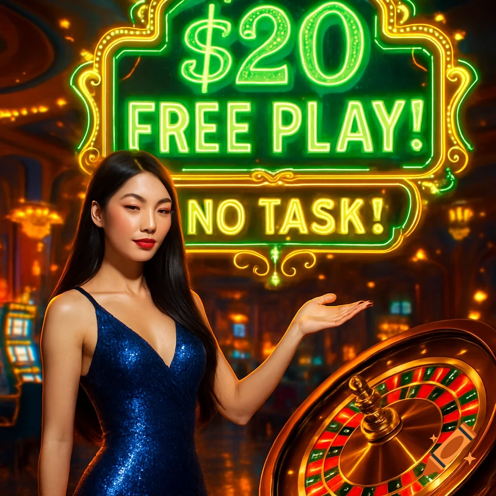 A beautiful Asian woman in a shimmering blue gown gestures toward a bright neon sign that reads "$20 FREE PLAY! NO TASK!" in a luxurious casino setting with a roulette wheel.