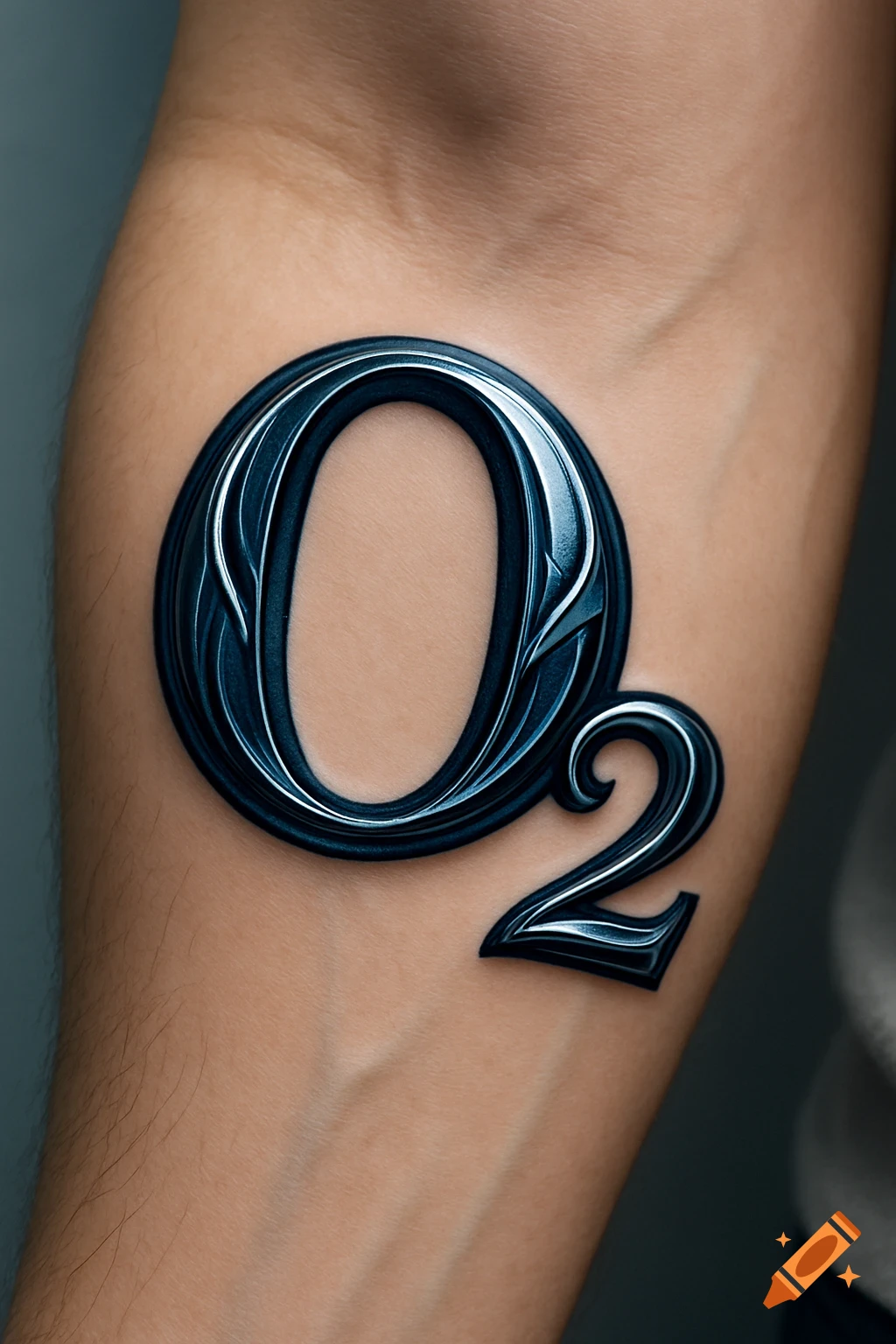 A photorealistic O2 chemical symbol tattoo on a person's forearm.