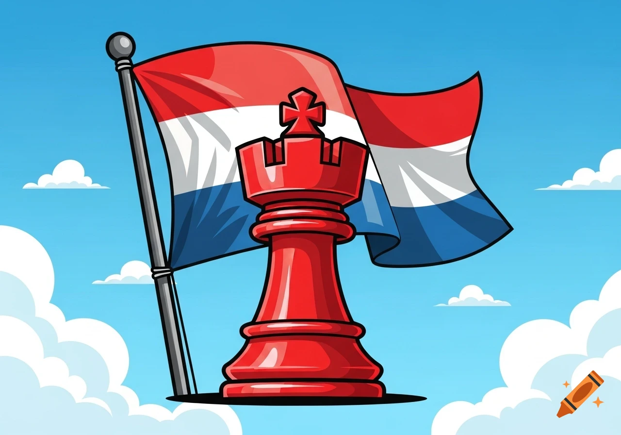 A red cartoon chess rook stands prominently against a waving flag with horizontal red, white, and blue stripes, set against a blue sky with clouds.