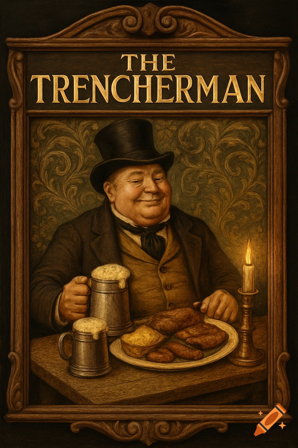Vintage pub sign illustration depicting a smiling, portly man in a top hat holding a beer stein, with a plate of food, beneath the words 'THE TRENCHERMAN'.