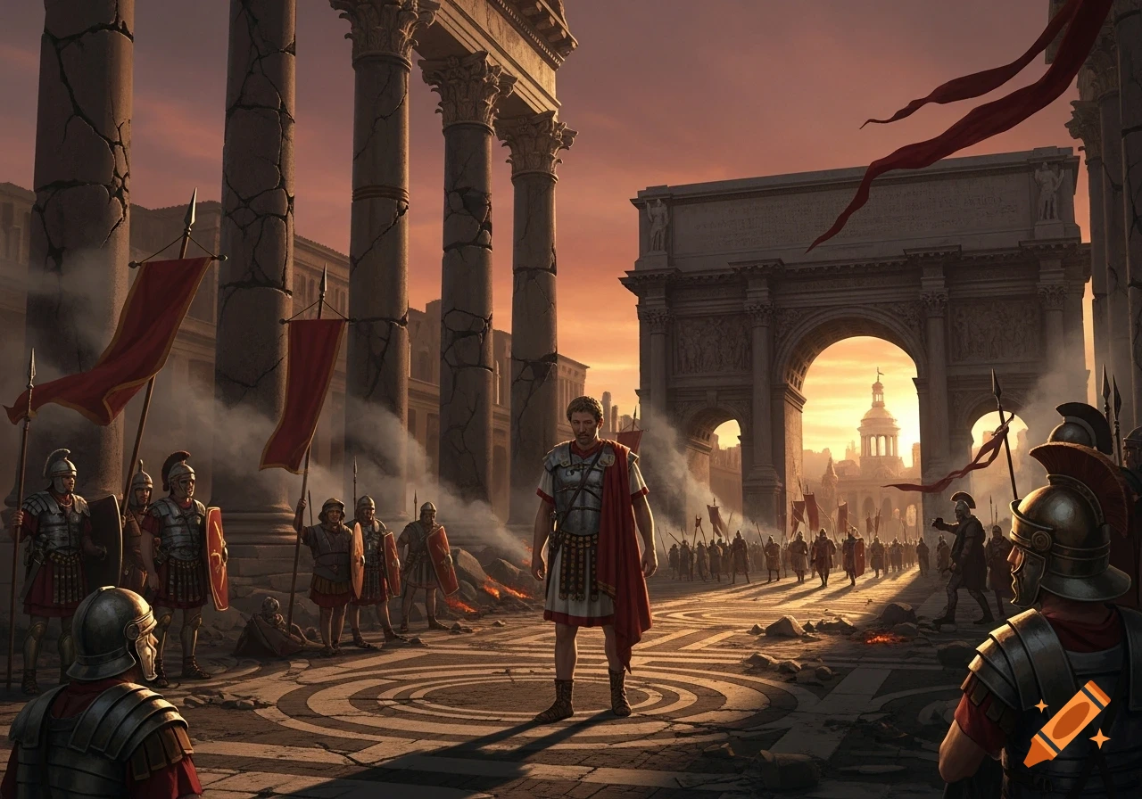 Roman general in armor stands among soldiers and ruins with a triumphal arch at sunset, depicting the fall of an empire.