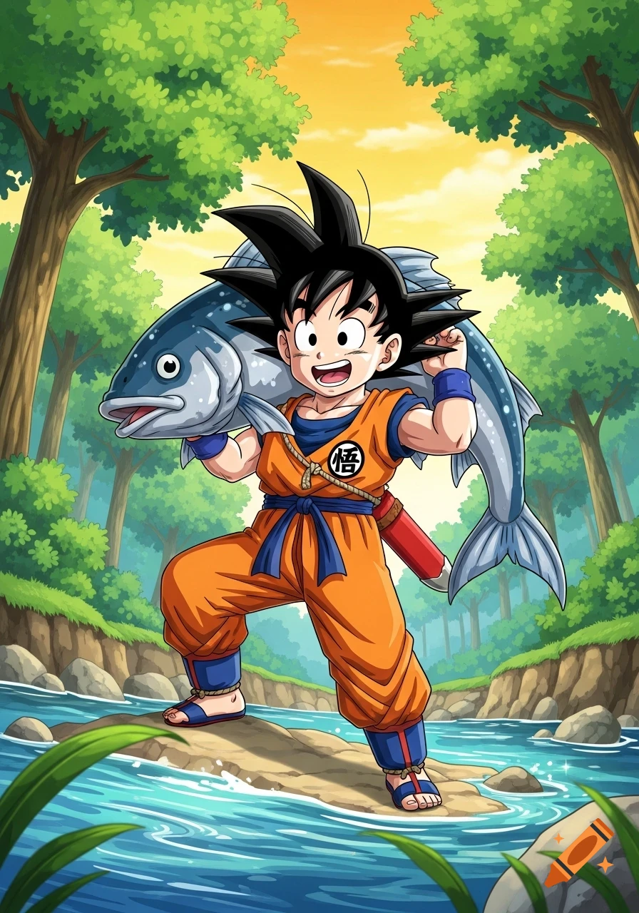 Kid Goku, an anime character, smiling and carrying a large blue fish over his shoulders, standing in a clear river in a vibrant green forest.