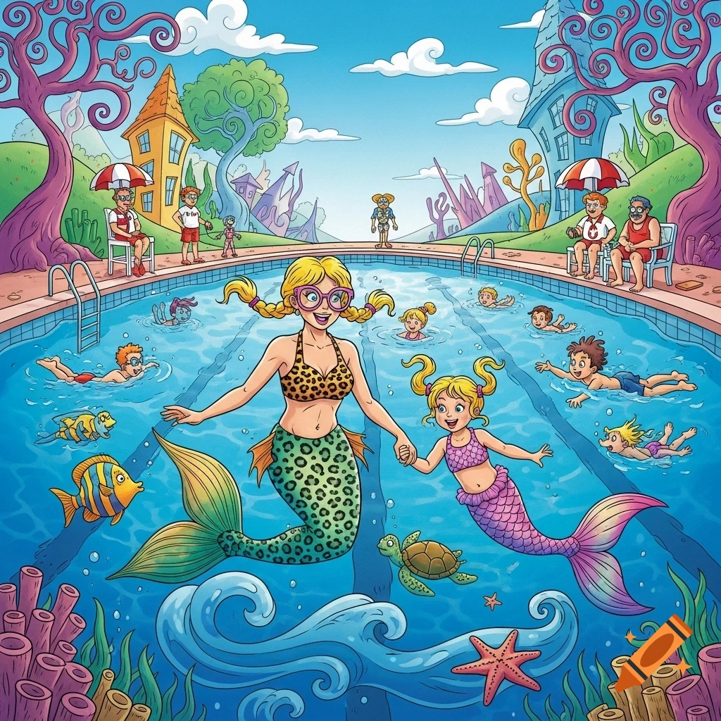 A whimsical Dr. Seuss-inspired illustration of a mermaid mother and daughter in a fantastical public pool with other kids, lifeguards, and magical underwater elements.