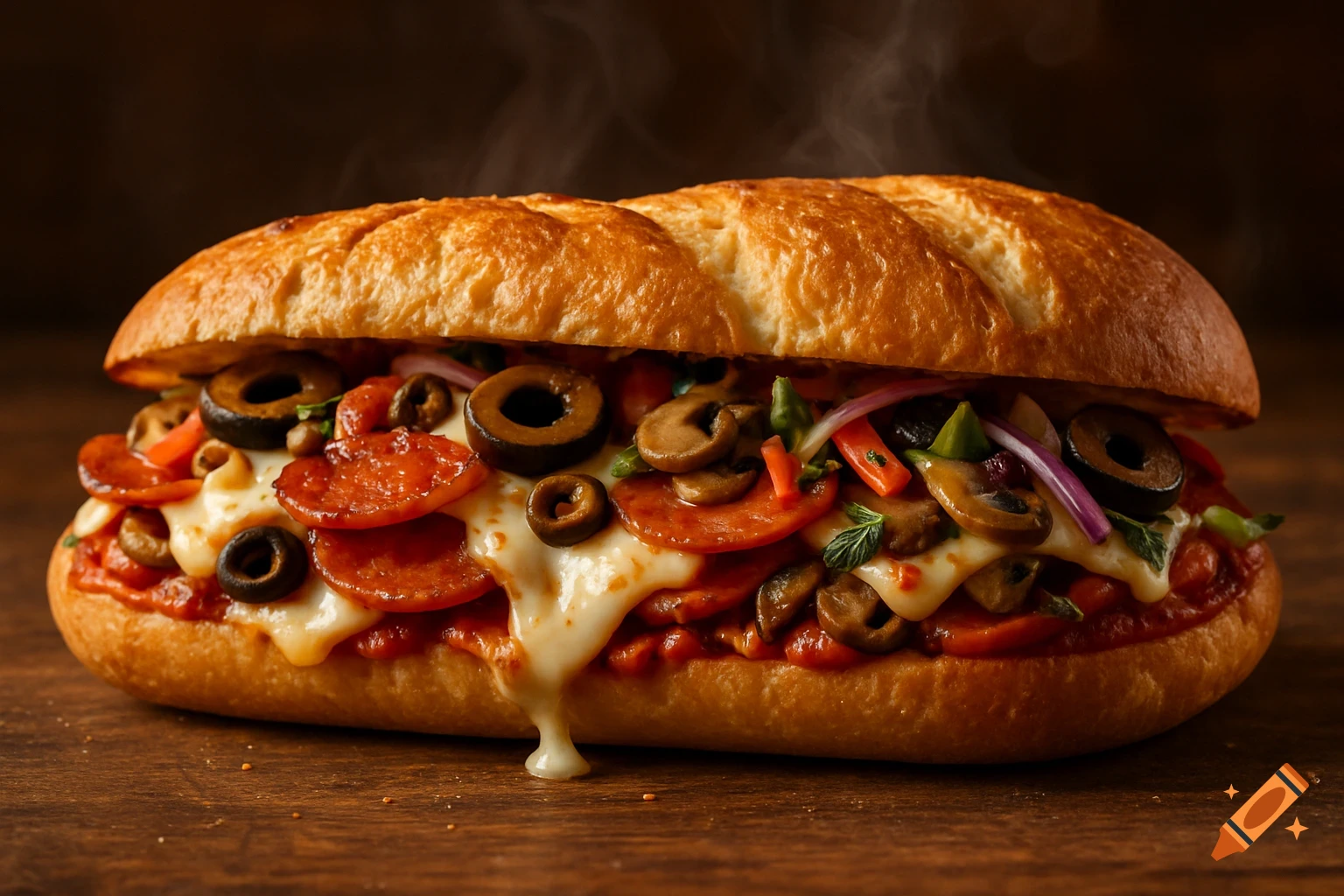 A steaming hot baguette sandwich filled with pepperoni, melted mozzarella, black olives, mushrooms, and red onions on a wooden surface.