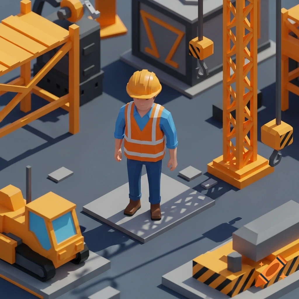 Isometric low-poly 3D rendering of a construction worker wearing a hard hat and safety vest on a construction site.
