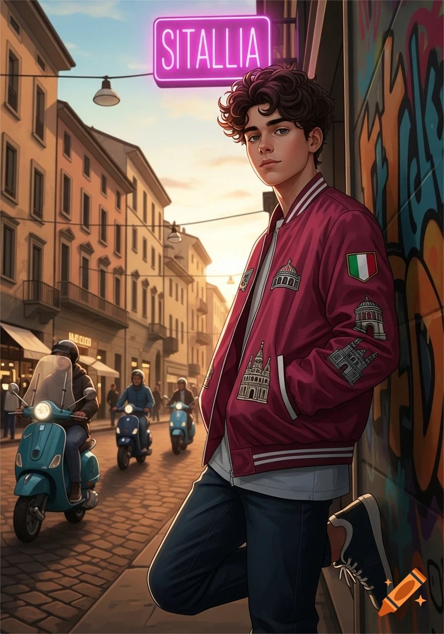 Stylized illustration of a young man with curly hair in a maroon bomber jacket with an Italian flag patch, leaning on a graffiti wall in a European street at sunset with Vespas.