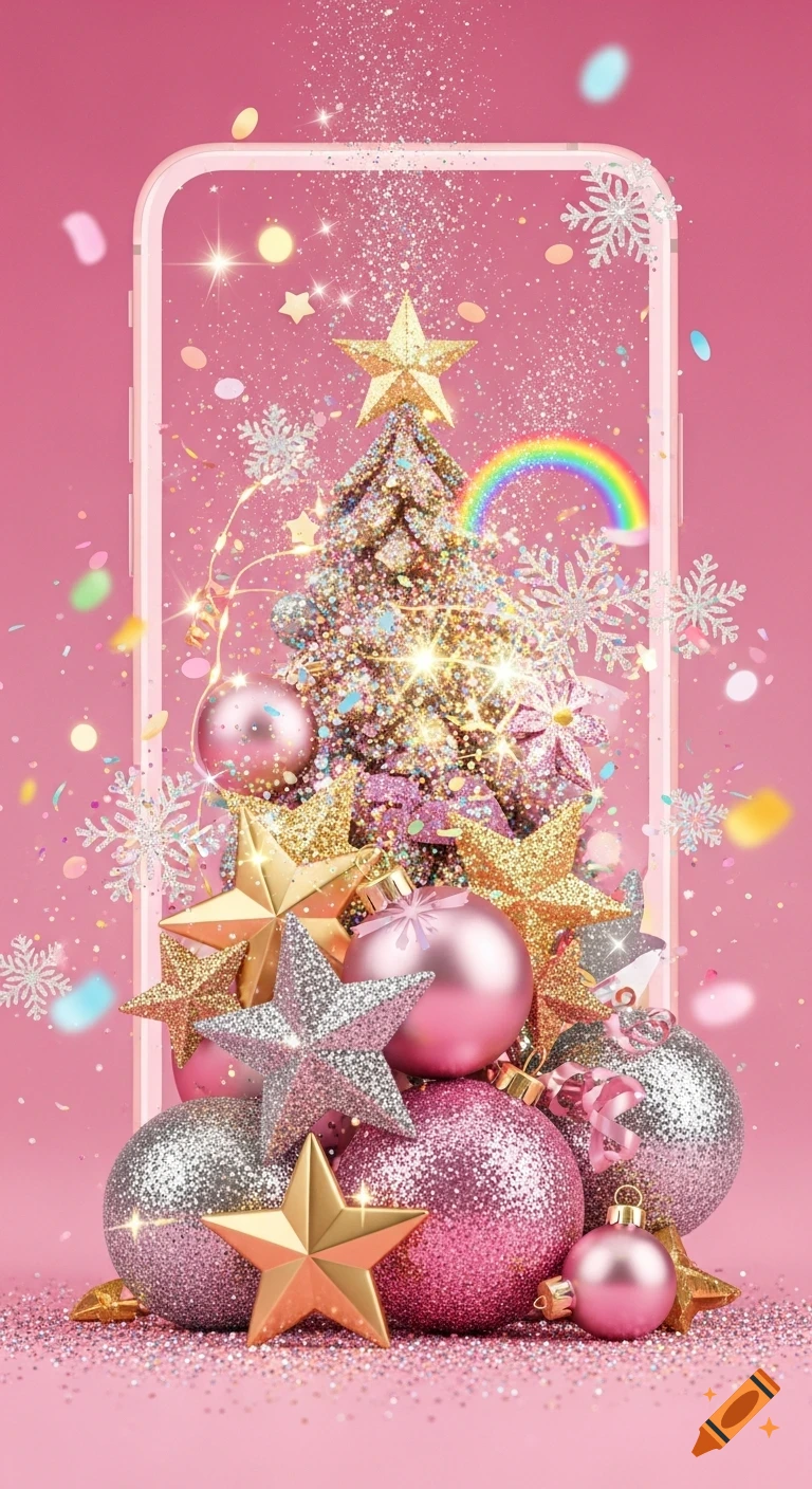 A glittery pink and gold Christmas tree with ornaments, stars, and snowflakes inside a smartphone outline on a pink background.