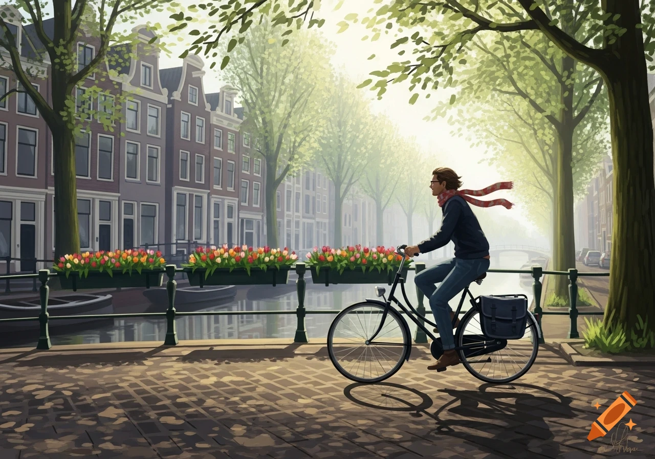 A man cycles along a canal lined with flower boxes, past traditional buildings and trees in a vibrant illustration.