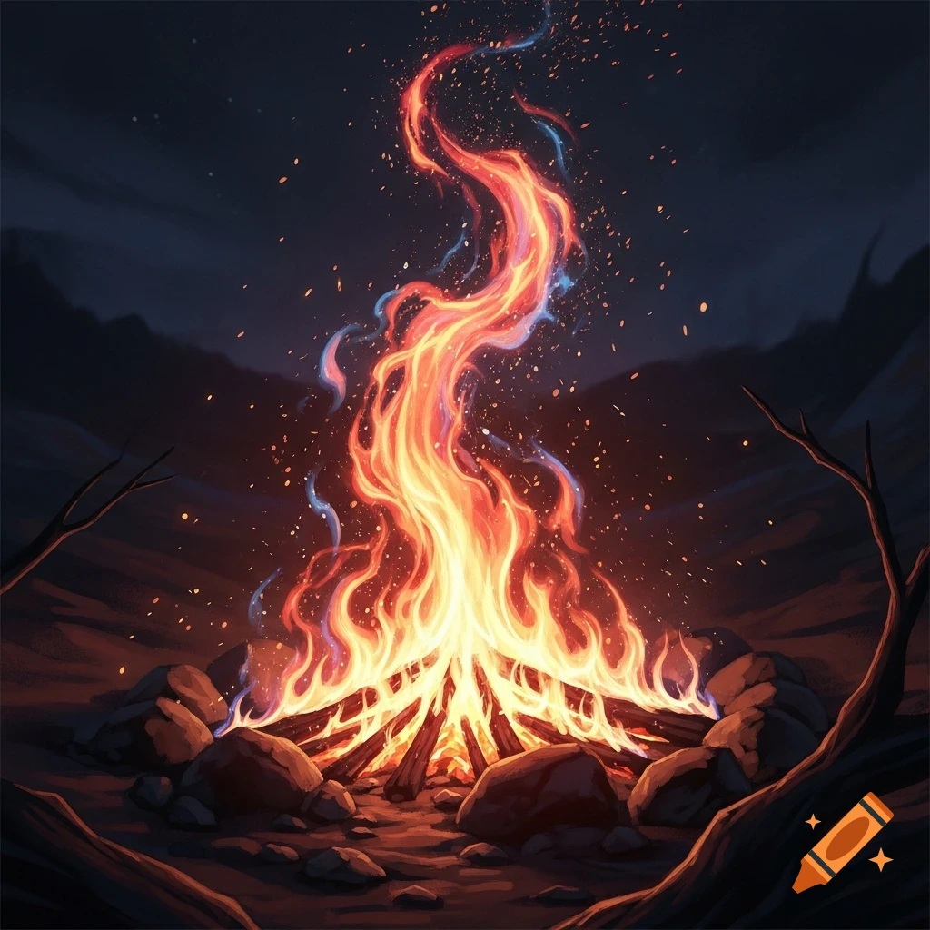 A vibrant, stylized campfire burns brightly at night, with glowing flames and sparks rising into the dark sky, surrounded by rocks.