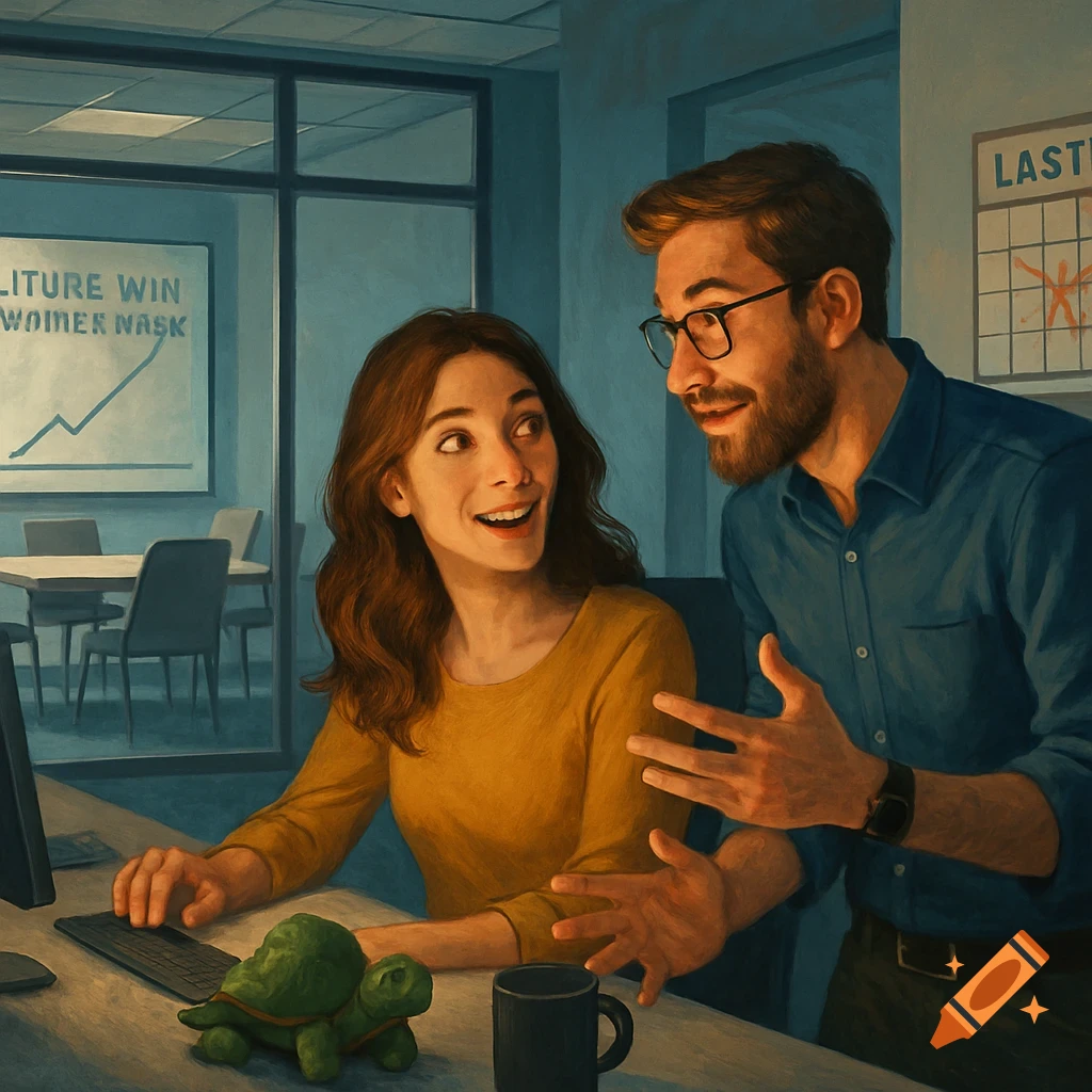 A man and woman in an office discuss work at a computer, a green turtle figurine on the desk, in a painted style.
