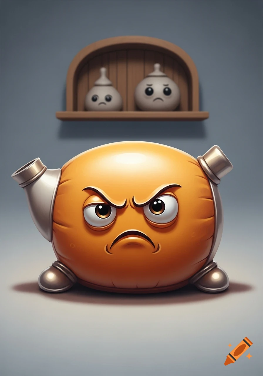 A grumpy orange cartoon character with metallic teapot-like elements stands in front of a blue wall, with two sad white characters on a shelf above it.