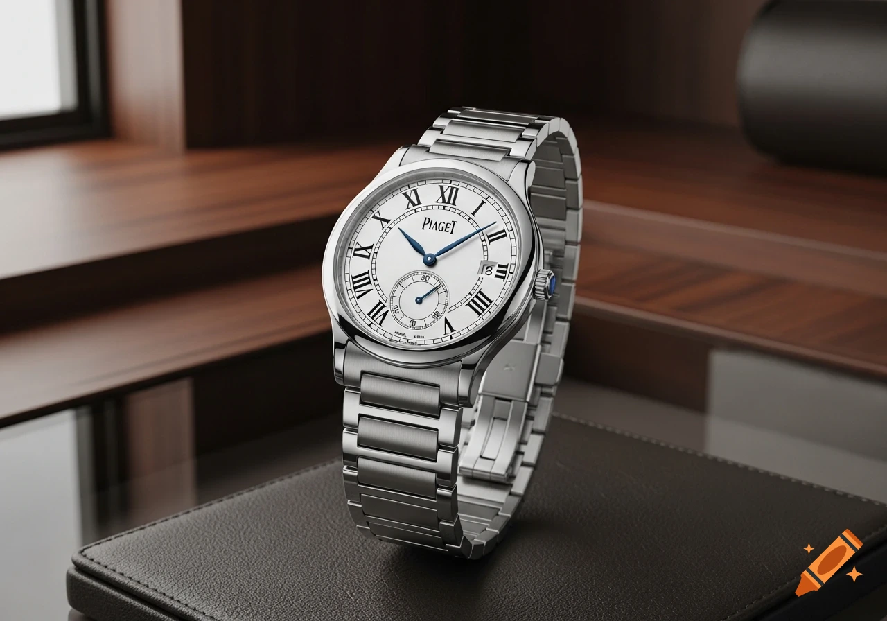 A silver Piaget watch with a white dial, blue hands, and Roman numerals, displayed on a dark leather surface.