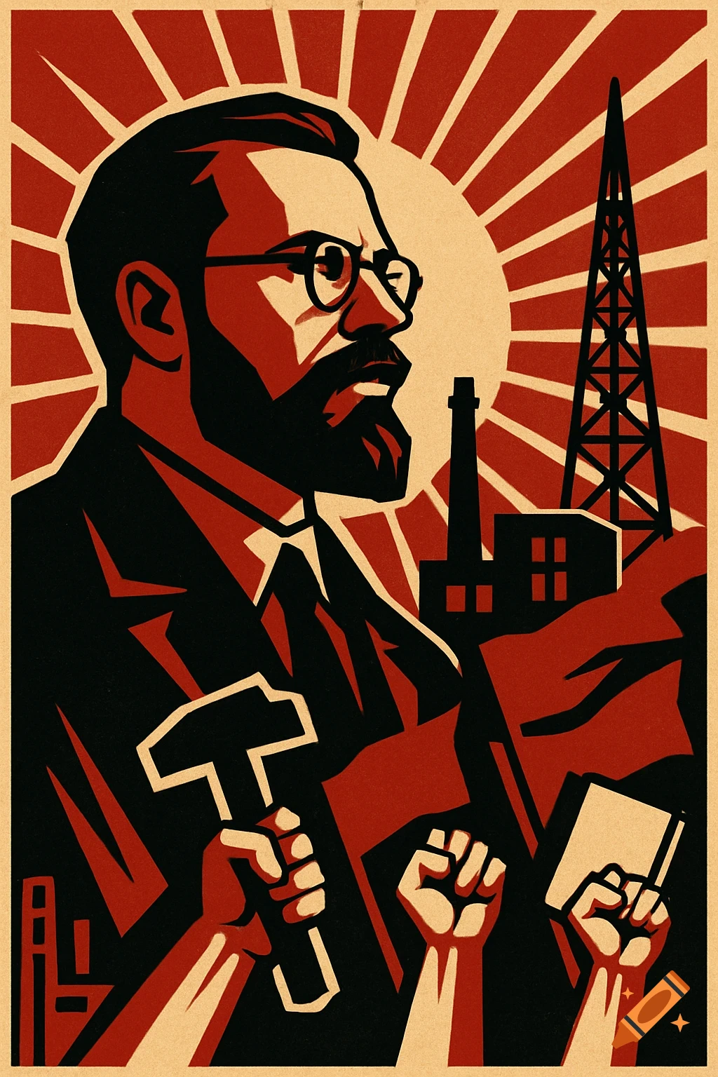A red and beige Soviet-style propaganda poster of a bearded man with glasses holding a hammer, with factories and an oil rig in the background.