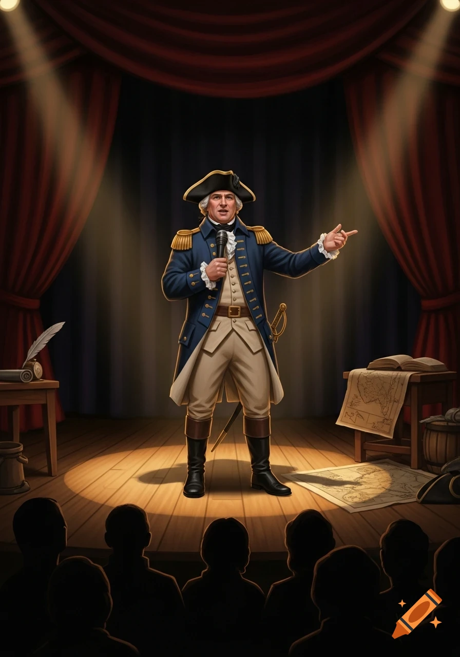 An illustrated man in 18th-century military attire speaks into a microphone on a spotlighted stage to a silhouetted audience.