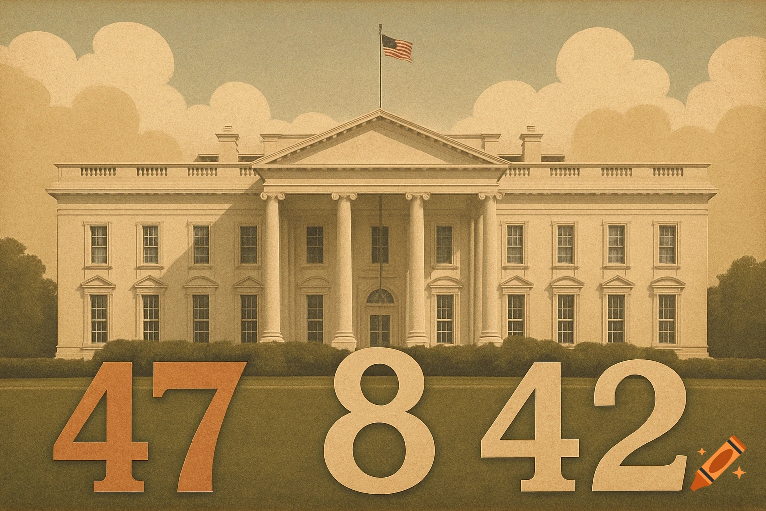 Vintage poster illustration of the White House with an American flag, with large numbers '47', '8', and '42' in the foreground.