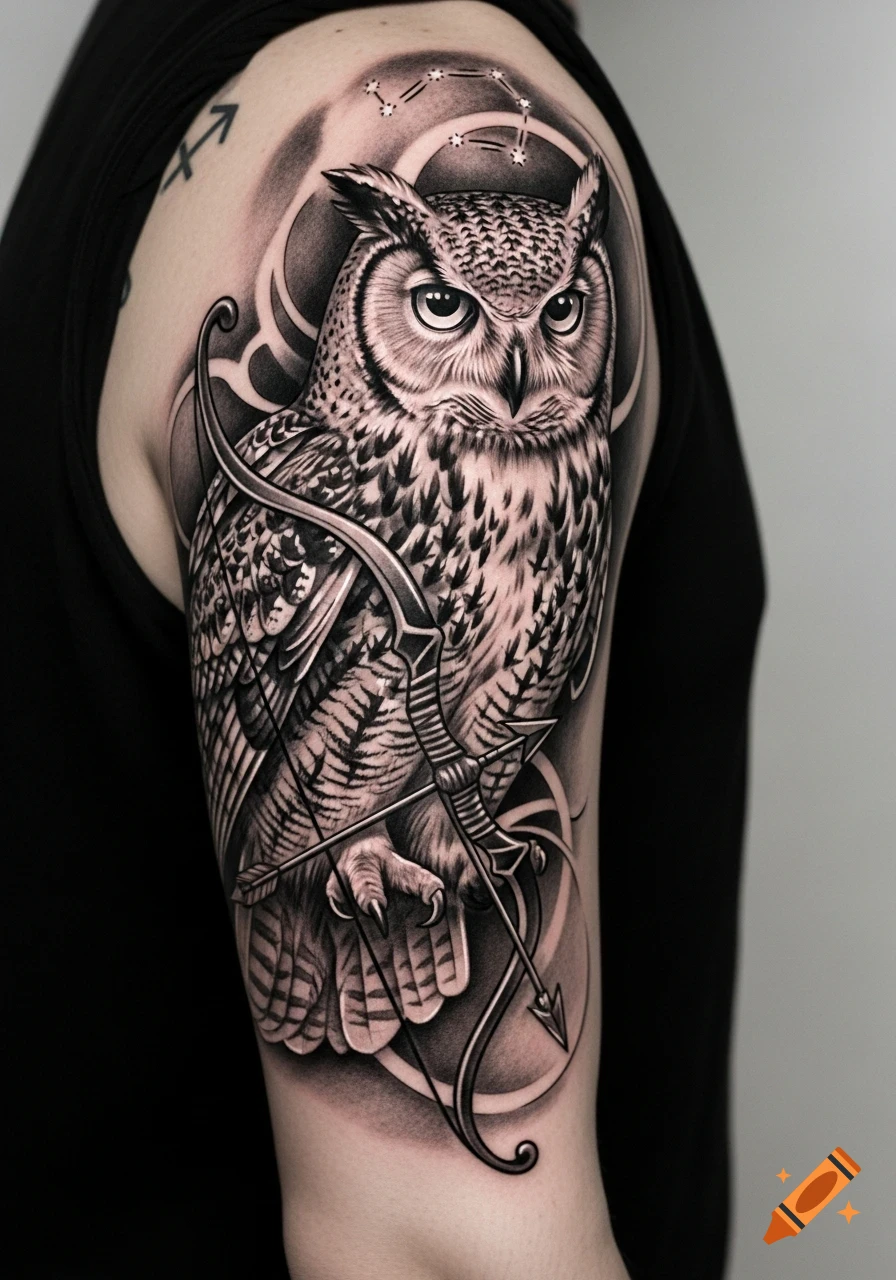 Hyperrealistic black and grey tattoo of a detailed owl with a bow and arrow, subtle Sagittarius constellation, and Sagittarius symbol on an arm.