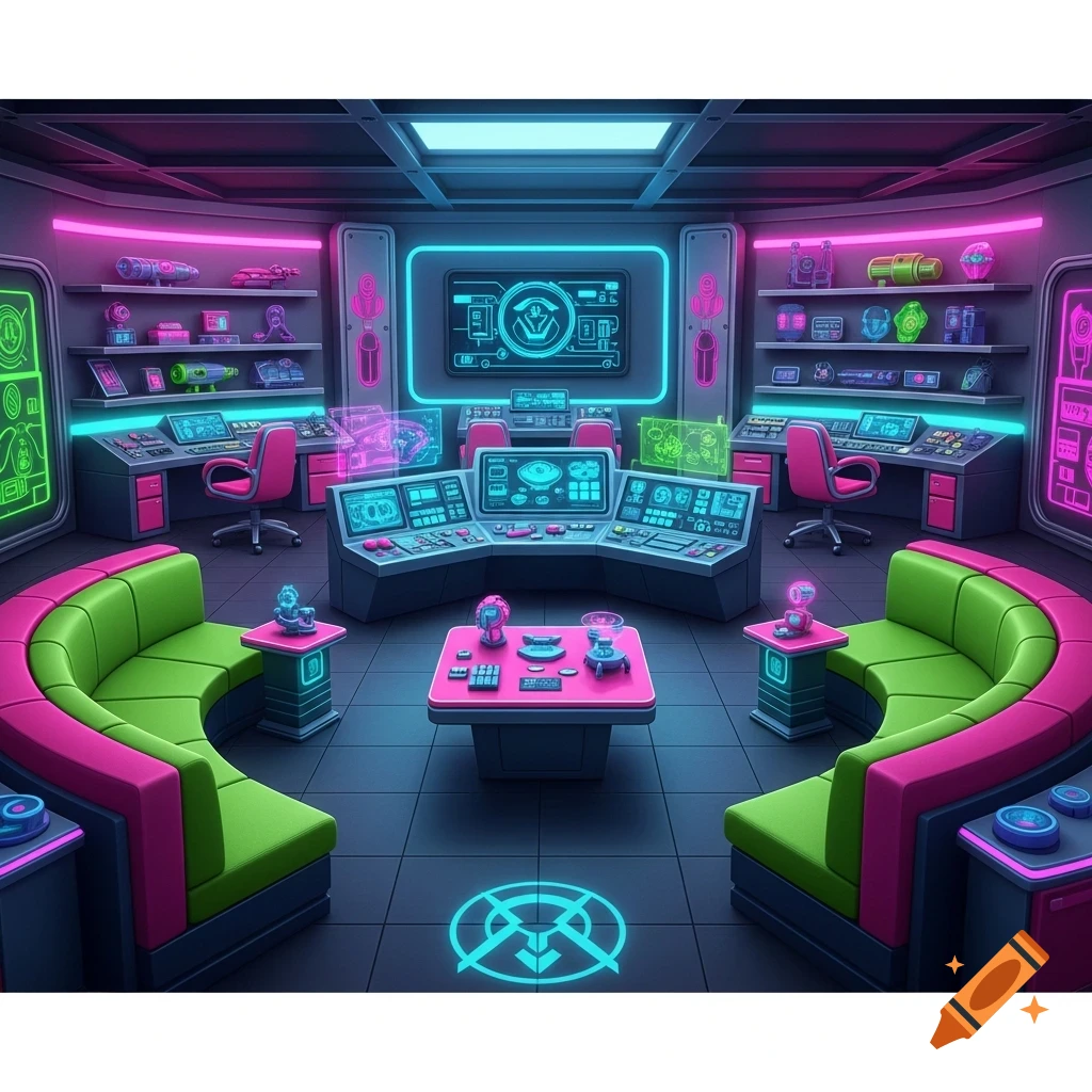A vibrant, futuristic control room with neon pink and green lighting, multiple glowing screens, and curved seating areas.