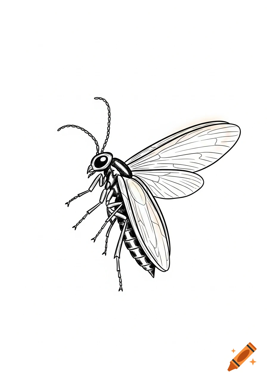 Detailed black and white line drawing of a winged insect, like a firefly, on a white background, in a sketchy style.
