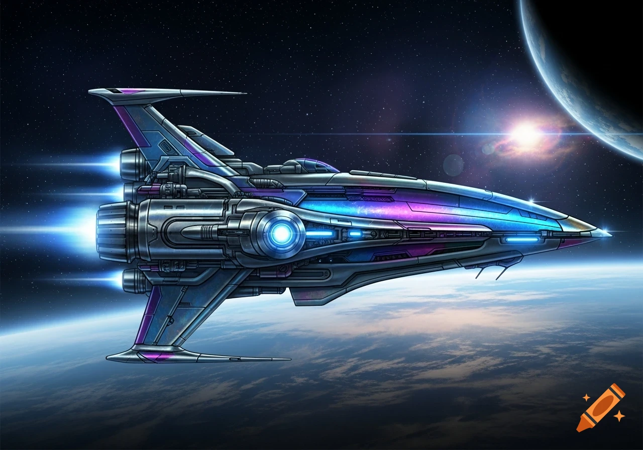 A sleek, futuristic spaceship with glowing blue engines and iridescent purple and blue panels flies through starry space, past a planet.