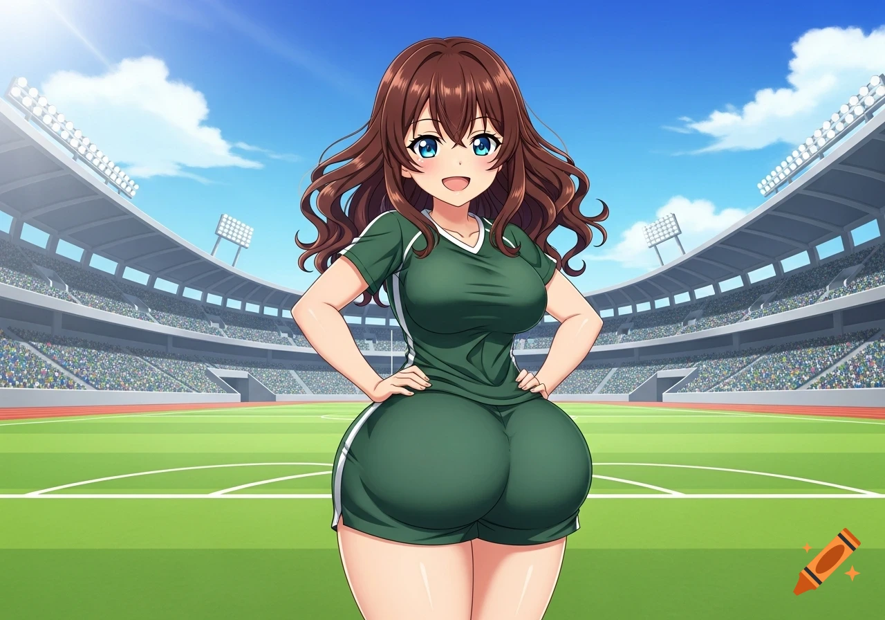 Anime girl in a dark green sports uniform with exaggerated glutes, smiling with hands on hips in a stadium.