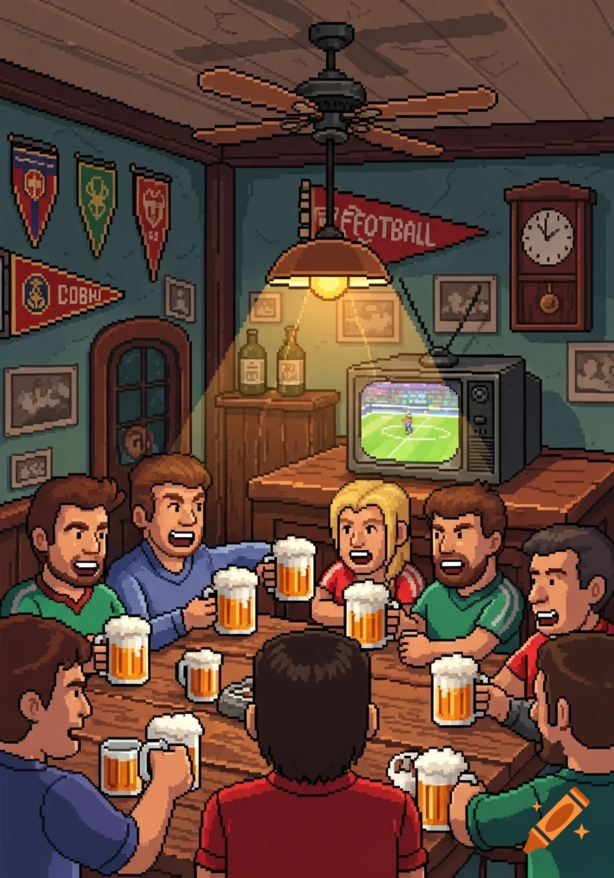 Pixel art scene of soccer fans in a pub, gathered around a table with beers, watching a football match on a television.