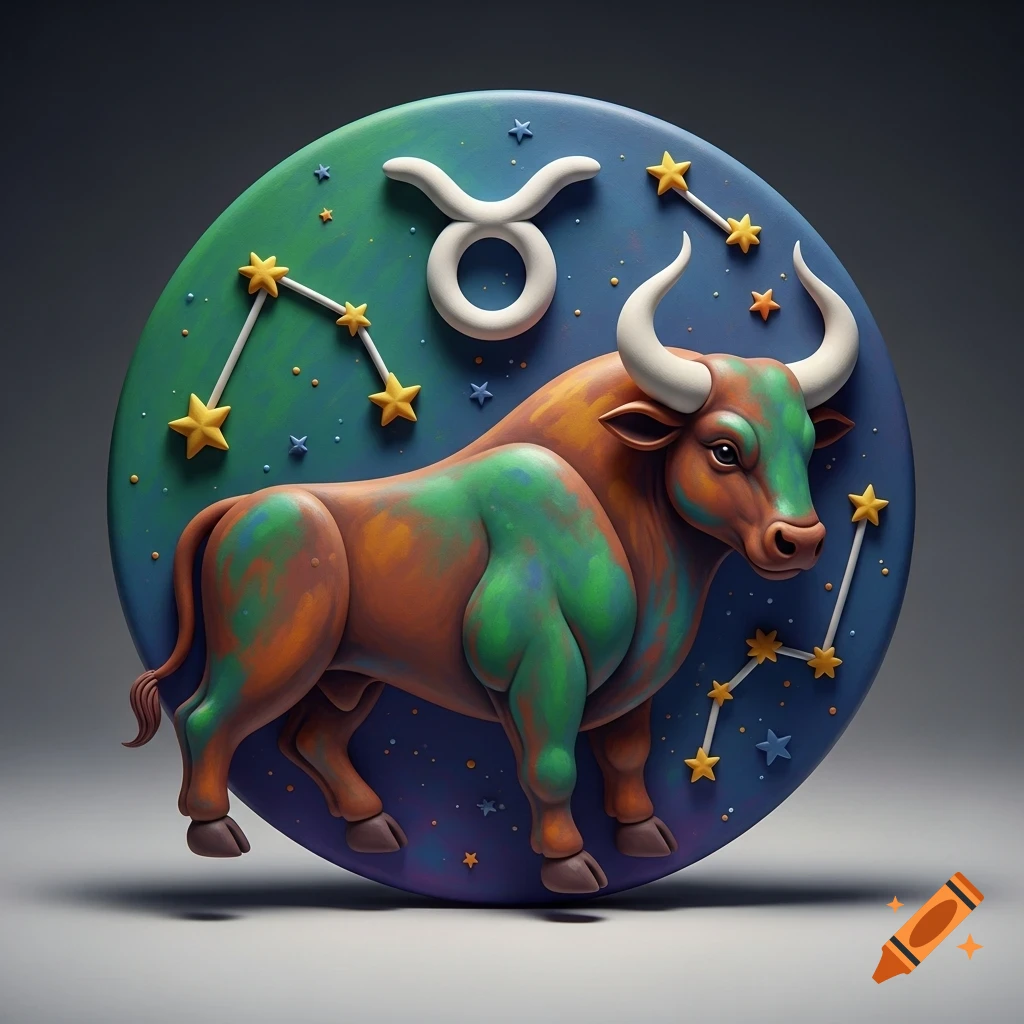 Colorful clay model of a Taurus bull with its zodiac symbol and star constellations on a circular background.