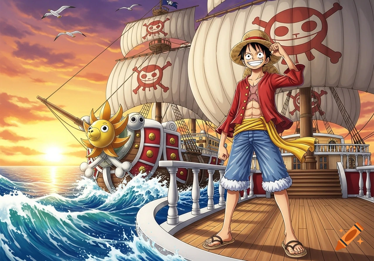 Anime illustration of Monkey D. Luffy standing on the deck of the Thousand Sunny pirate ship at sunset.