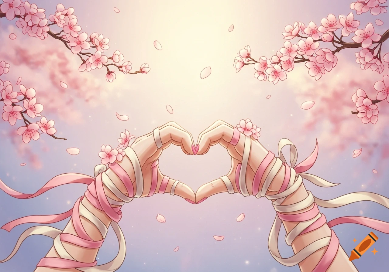 Illustrated hands wrapped in pink and white ribbons form a heart shape under cherry blossom branches in a soft, dreamy sky.