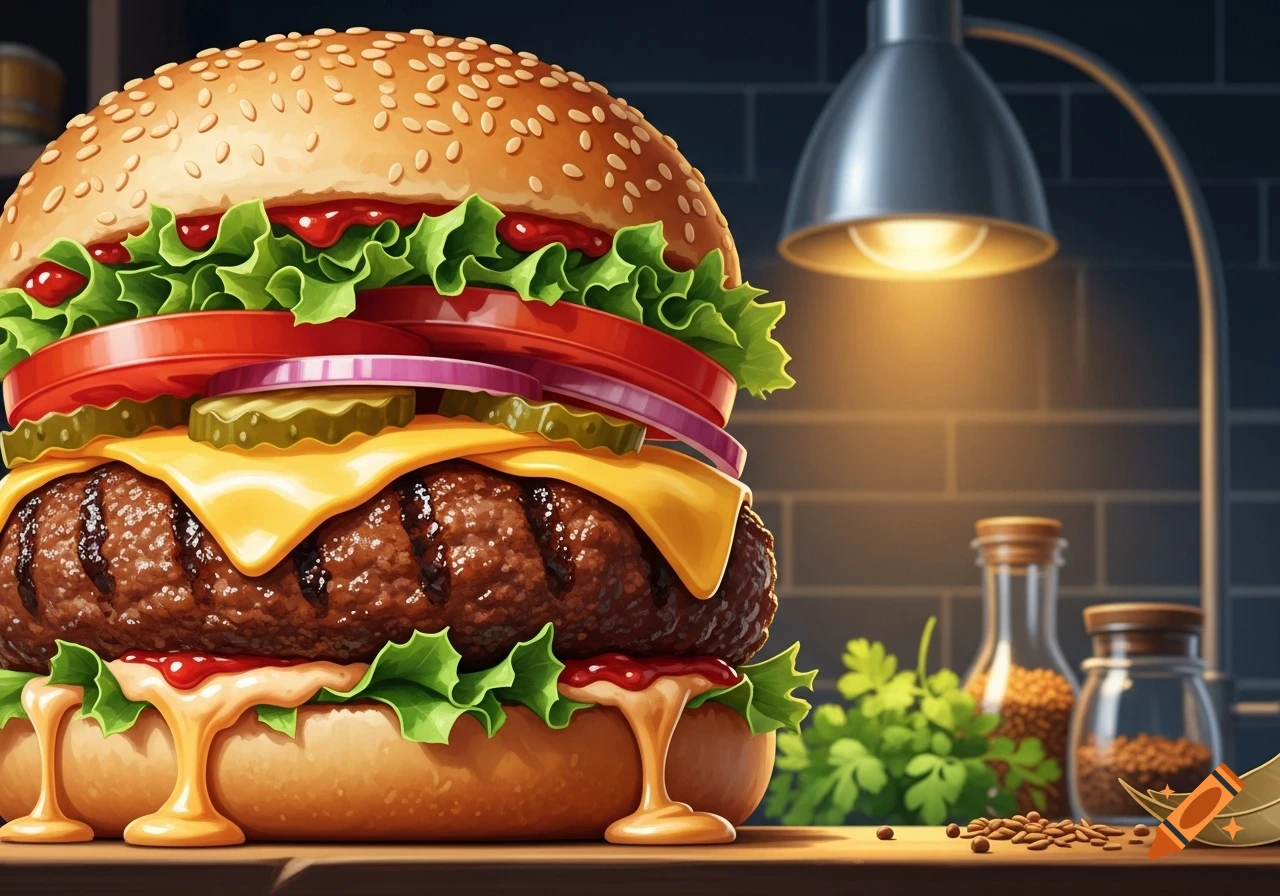 A vibrant, detailed burger with sesame bun, beef patty, melted cheese, lettuce, tomato, onion, and pickles on a wooden table.