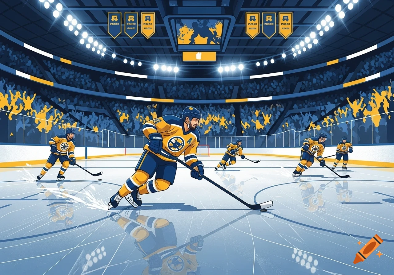 An illustrative hockey game in an arena with players in blue and yellow uniforms on the ice, surrounded by a cheering crowd.