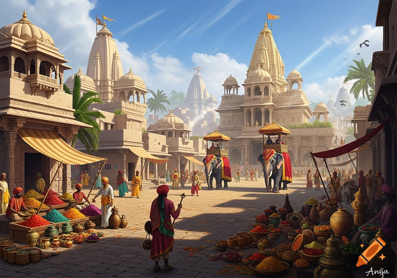 A bustling marketplace in ancient India with people, elephants, and ornate temples under a blue sky.