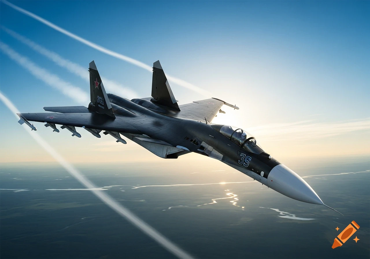 A dark grey fighter jet with a white nose cone flies over rivers and forests under a clear blue sky, with the sun low in the background.