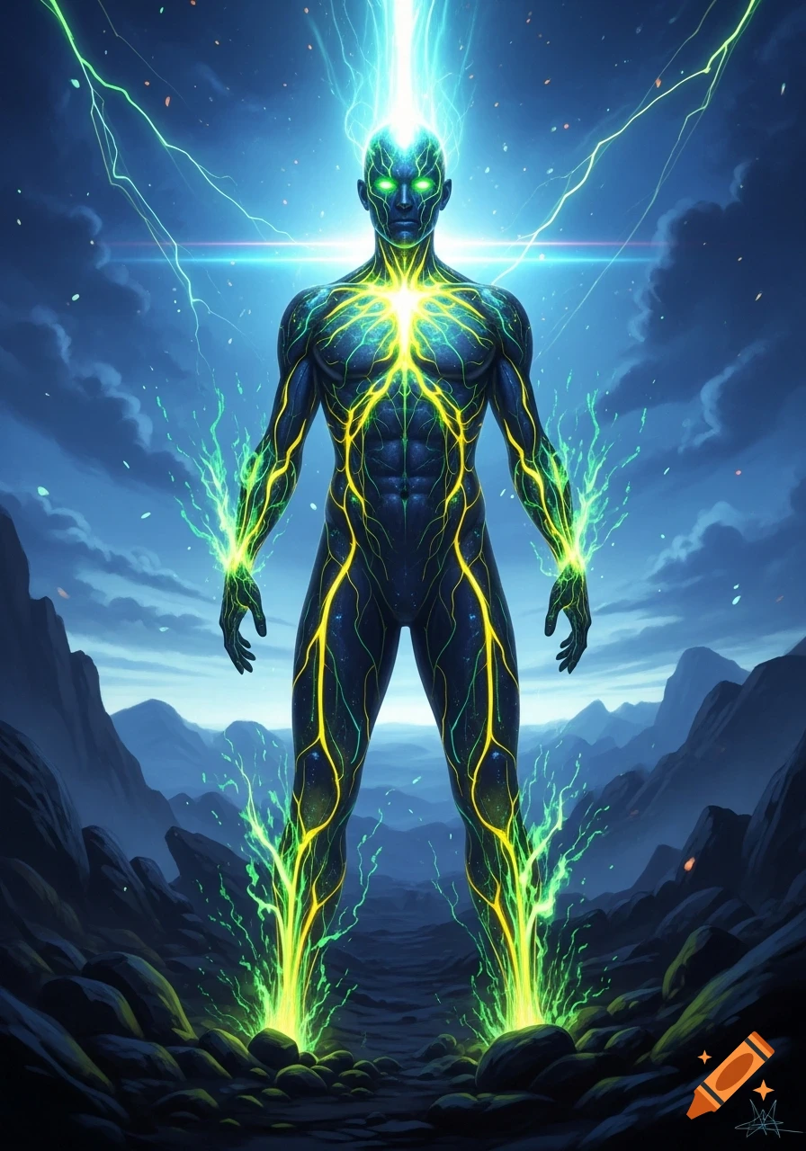 A muscular, dark figure with glowing green eyes and electric yellow veins stands in a rocky landscape, emitting bright green energy from its hands and feet, with a blue light beam from its head.
