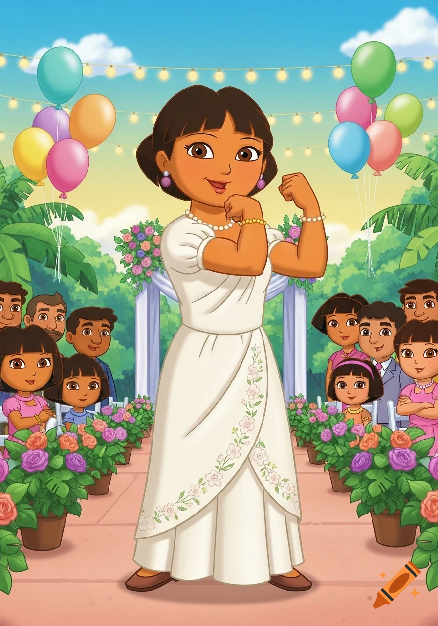 Dora's Mami in a white wedding dress flexes her muscles at an outdoor wedding with balloons and flowers, surrounded by cartoon family members.