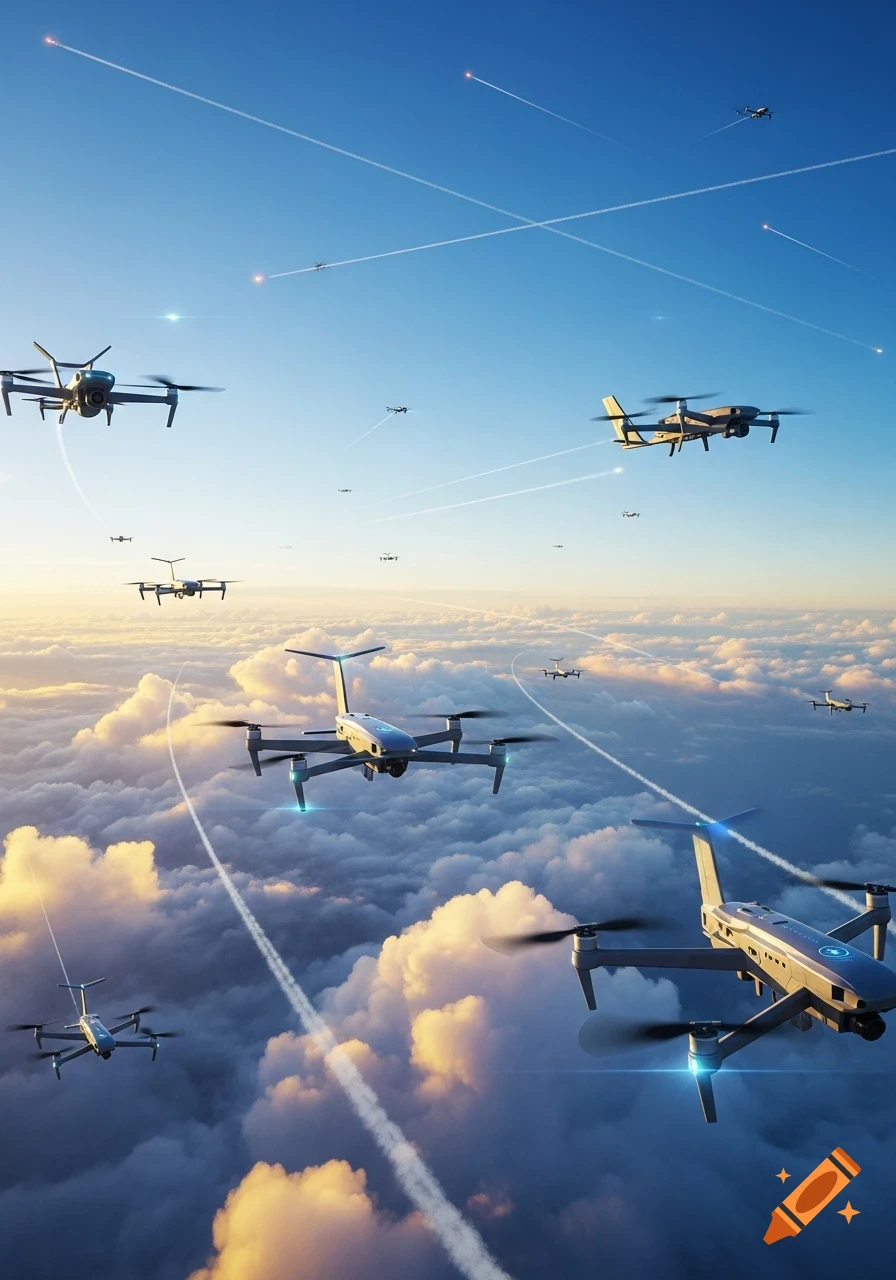 Multiple drones with light trails fly above clouds in a vast blue sky.