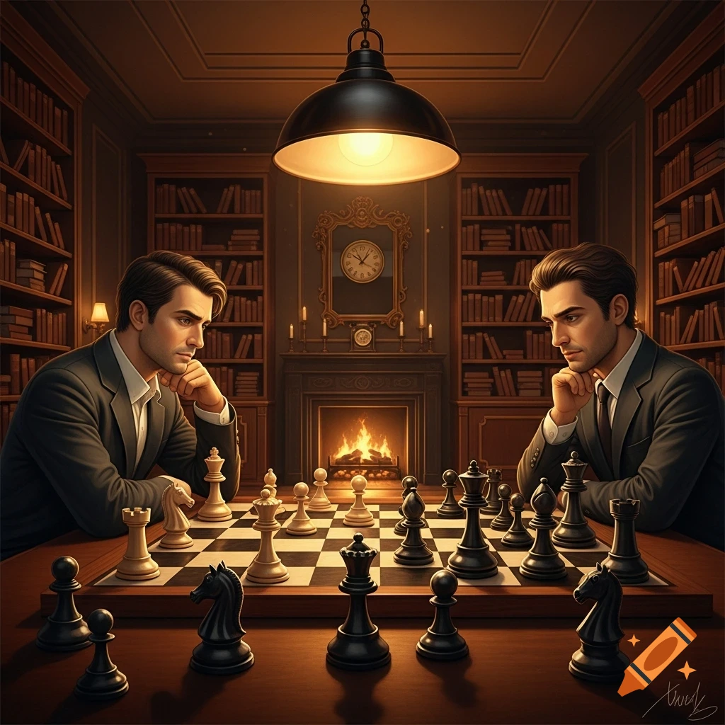 Two serious men in suits play chess in a dimly lit, luxurious library with a fireplace and bookshelves, photorealistic style.