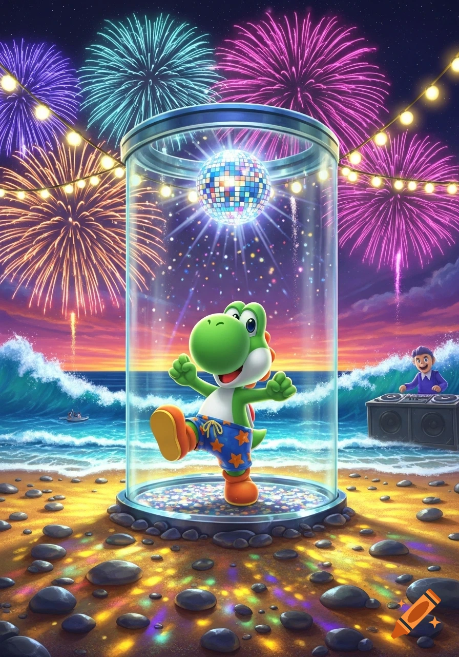 Yoshi dances inside a glass tube on a beach at night, surrounded by fireworks, a disco ball, string lights, and a DJ. Vibrant digital art.