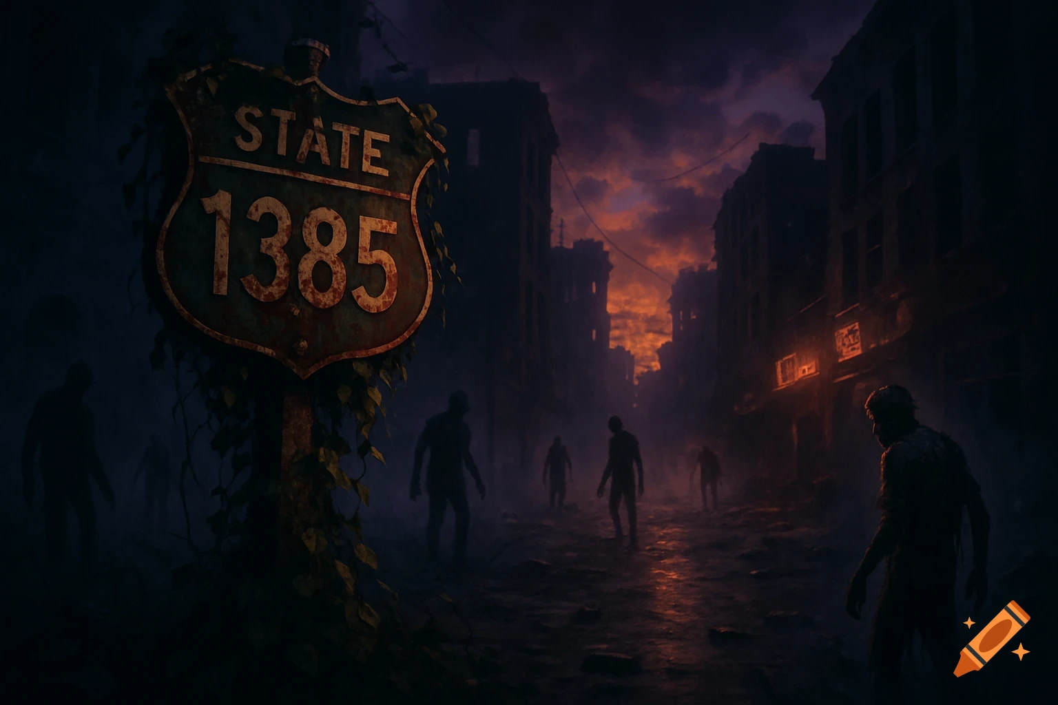 A rusty 'STATE 1385' sign in a dark, ruined city street with silhouetted zombies and an orange, stormy sky.