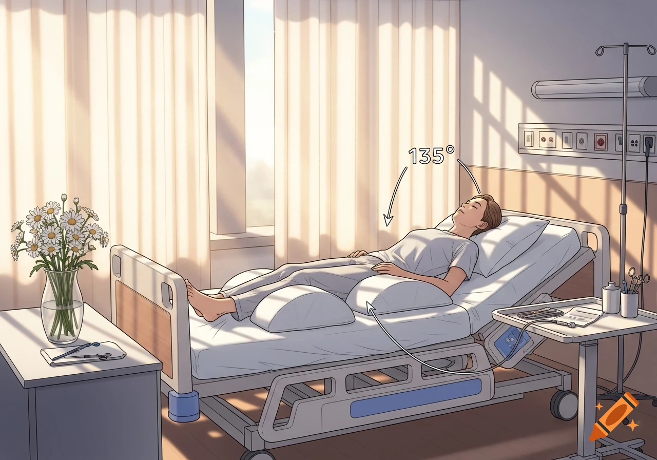 An illustrated patient rests in a hospital bed with leg support, indicating a 135-degree angle. Sunlight fills the room.