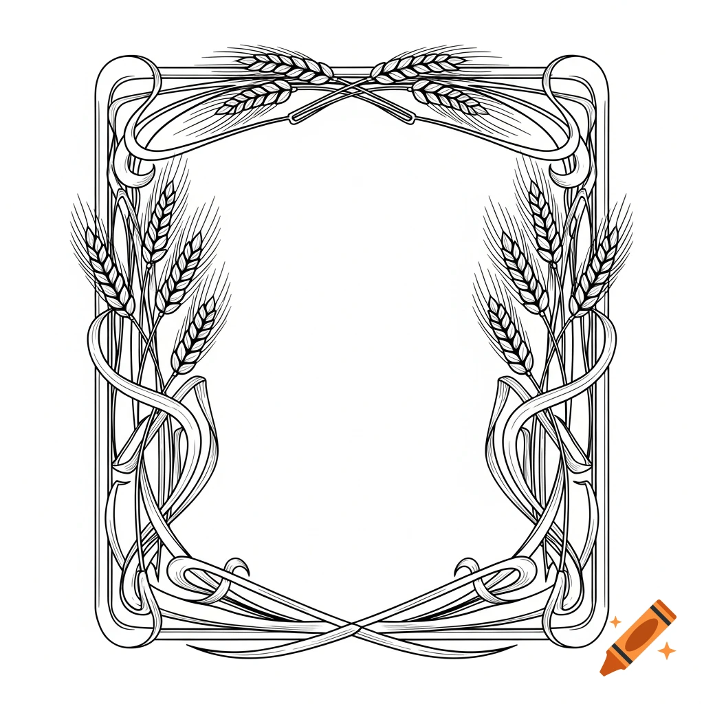 Black and white Art Nouveau style frame with intertwined wheat stalks.