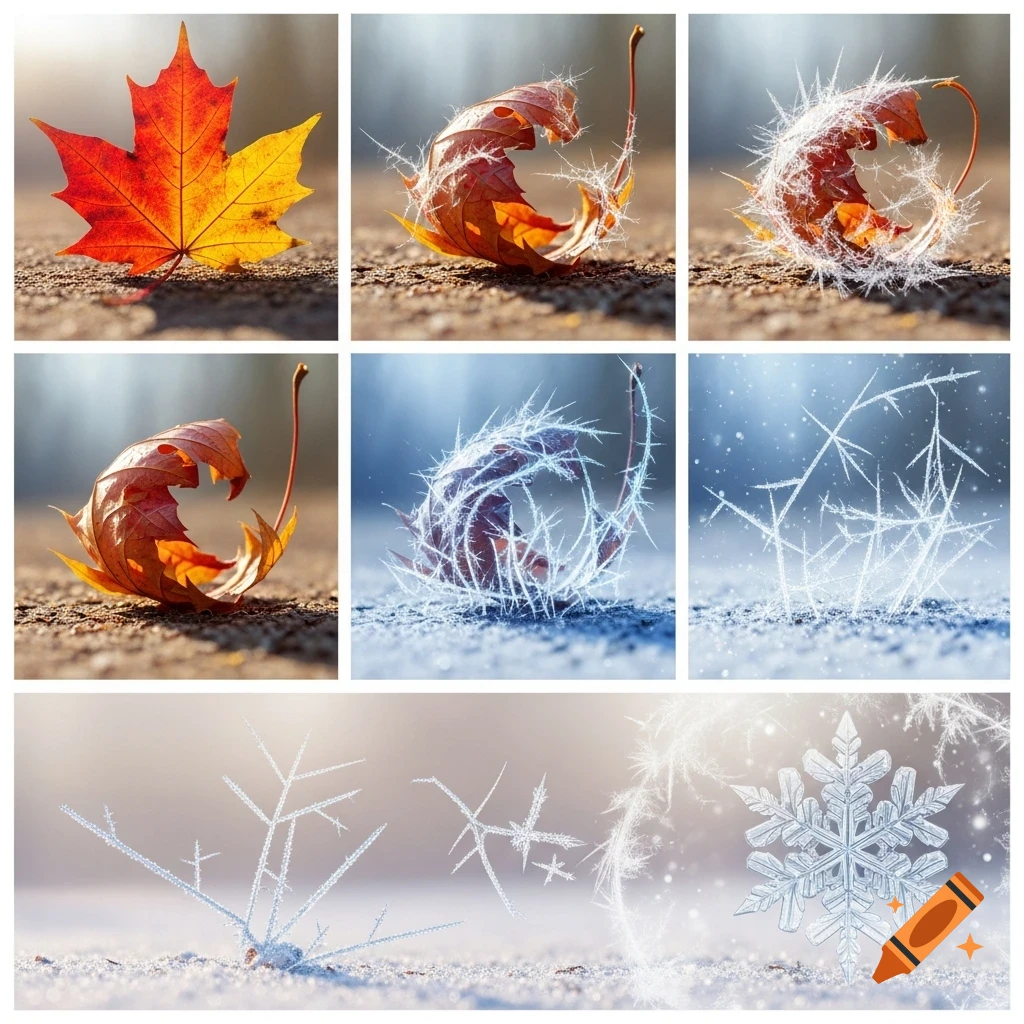 A sequence of macro photographs showing a maple leaf gradually transforming into intricate ice crystals and a snowflake.