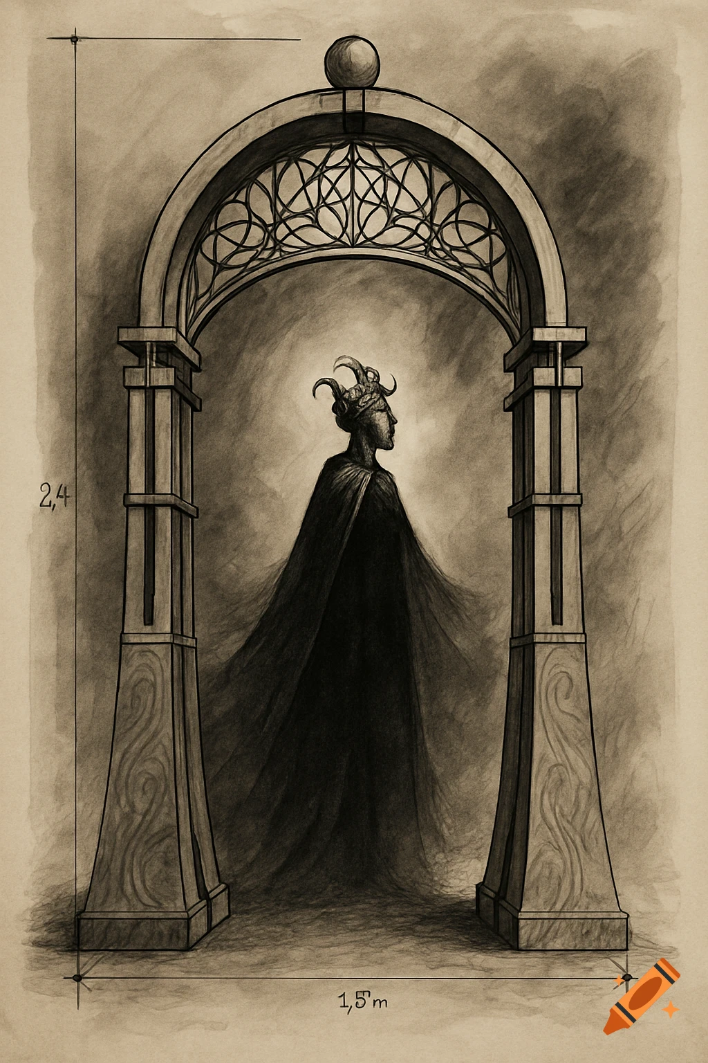 Grayscale architectural sketch of an Art Nouveau arch framing a cloaked figure with a horned headpiece, with dimension annotations.
